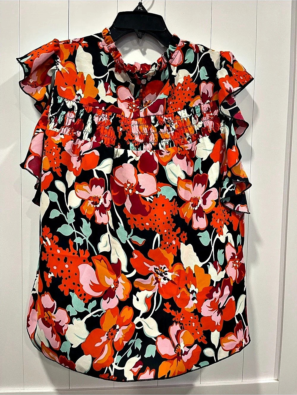 Floral Ruffle Blouse in Black & Orange Size Medium